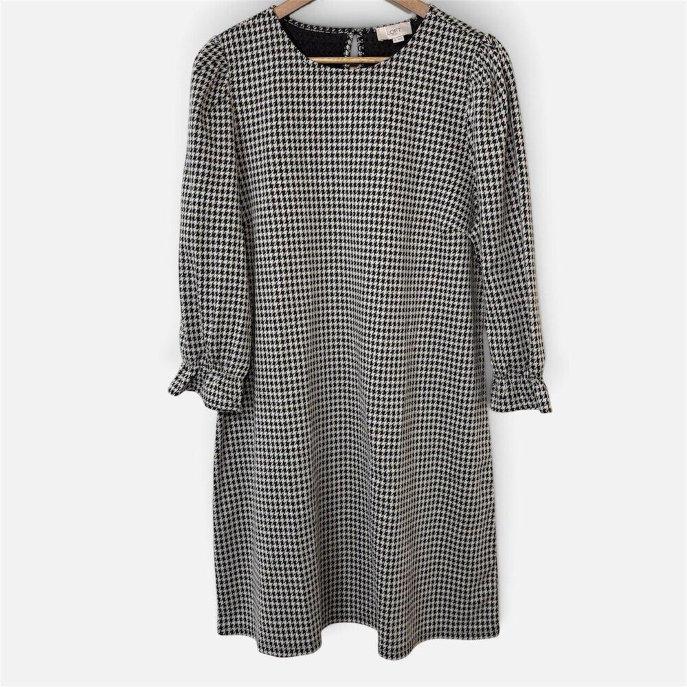 LOFT Outlet Houndstooth Long Sleeve Ruffle Cuff Dress